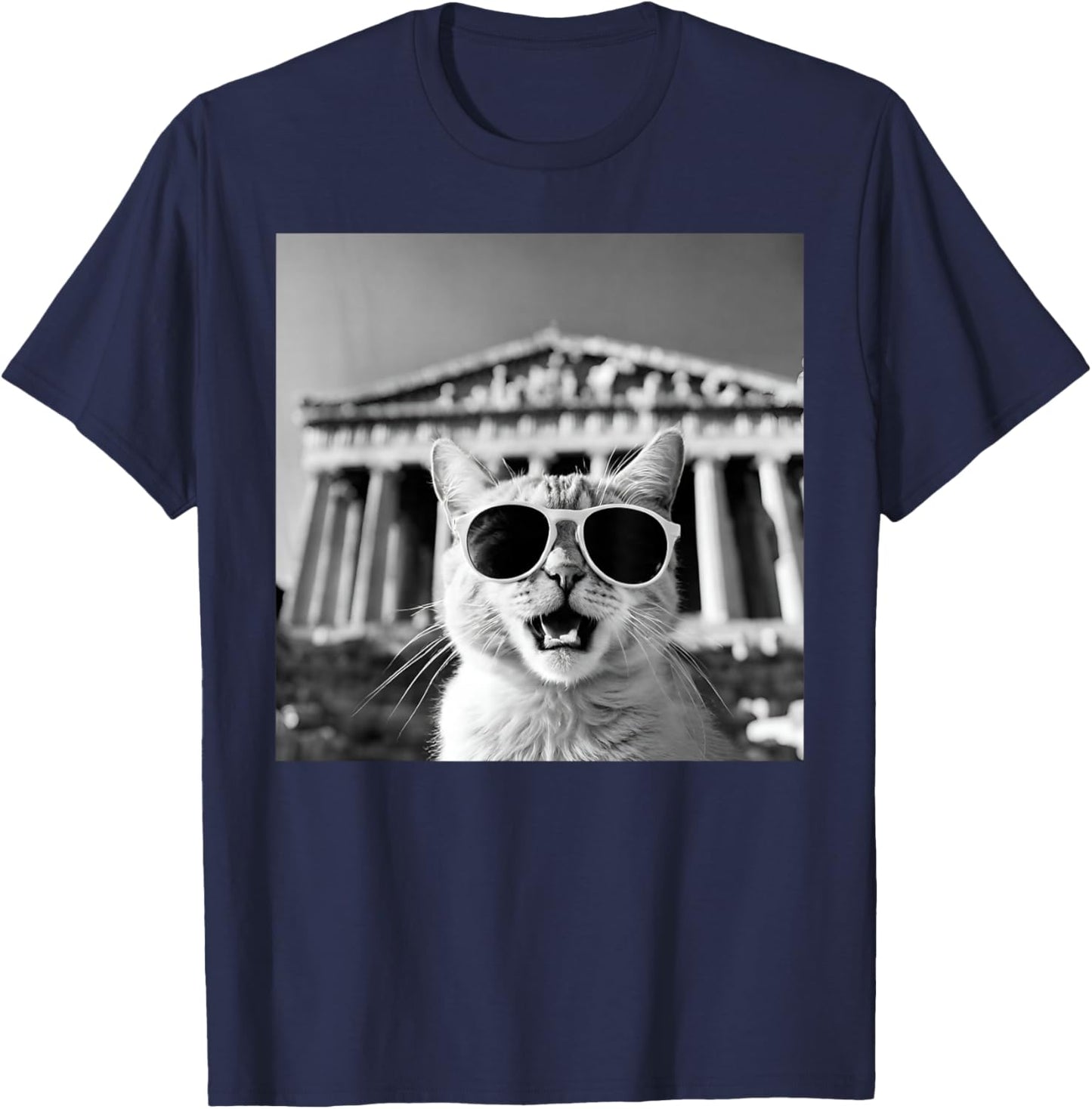 Funny Cat Wearing Sunglasses In Greece, Athens at Parthenon T-Shirt - T-Shirt | Navy