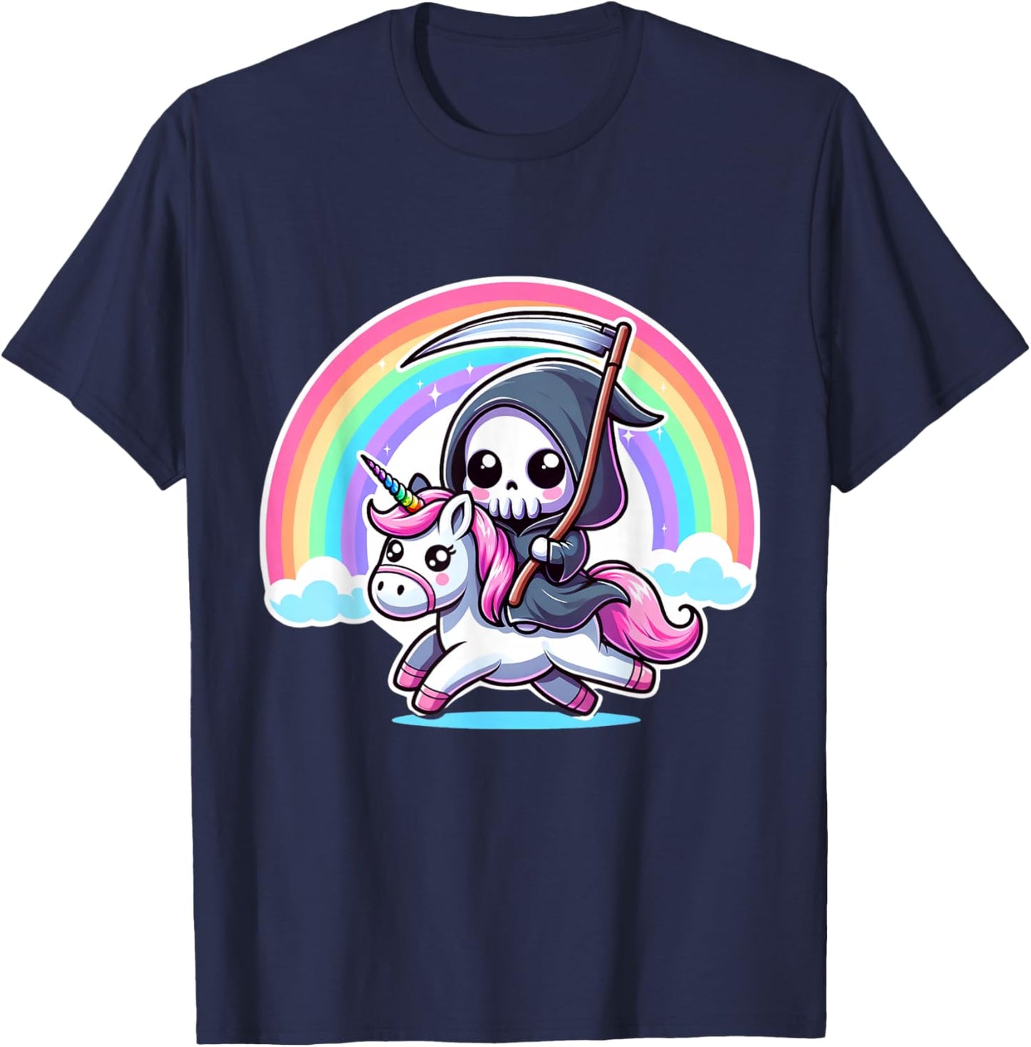 Grim Reaper Unicorn Funny Rainbow Heavy Metal Design T-Shirt - T-Shirt | Navy