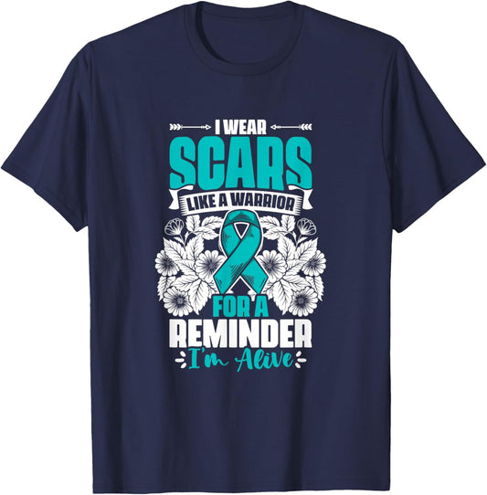 Wear Scars Teal Ribbon Ovary Support Ovarian Cancer Survivor T-Shirt - T-Shirt | Navy
