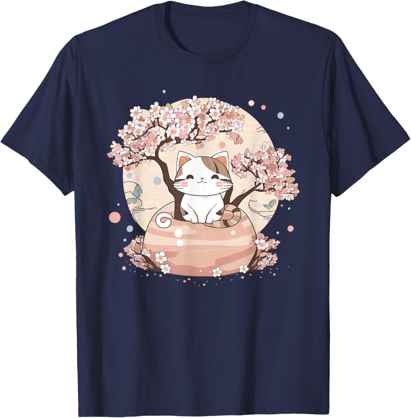 Cherry Blossom Tree Cat Japanese Aesthetic Vaporwave Anime T-Shirt - T-Shirt | Navy