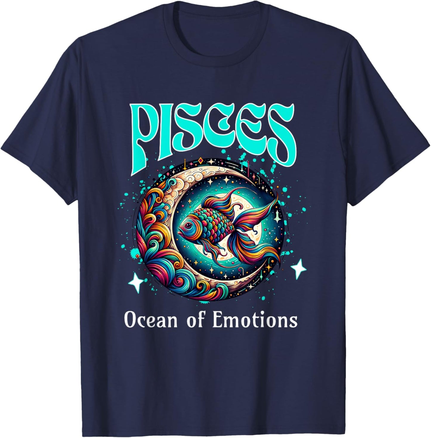 Pisces Ocean of Emotions Moon and Fish Cosmic Zodiac Design T-Shirt - T-Shirt | Navy