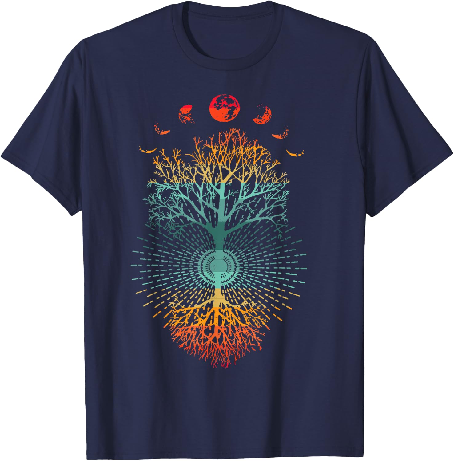 Phases of the Moon Retro 60's 70's Vibe Tree of Life Graphic T-Shirt - T-Shirt | Navy