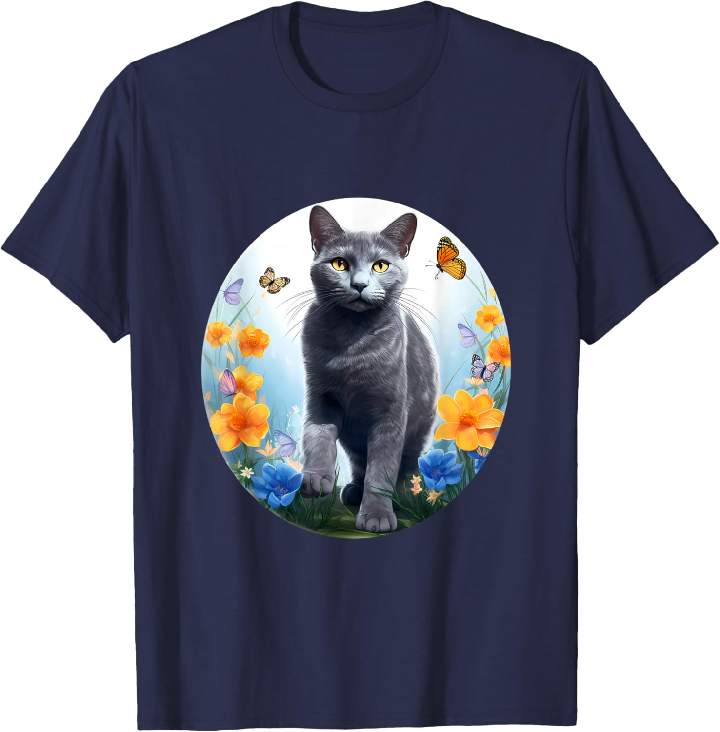Russian Blue Cat Cat Flower T-Shirt - T-Shirt | Navy