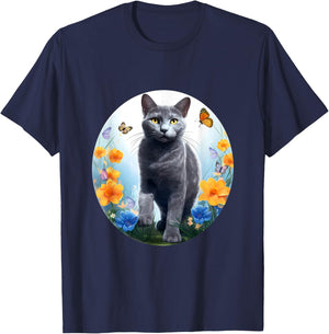 Russian Blue Cat Cat Flower T-Shirt - T-Shirt | Navy