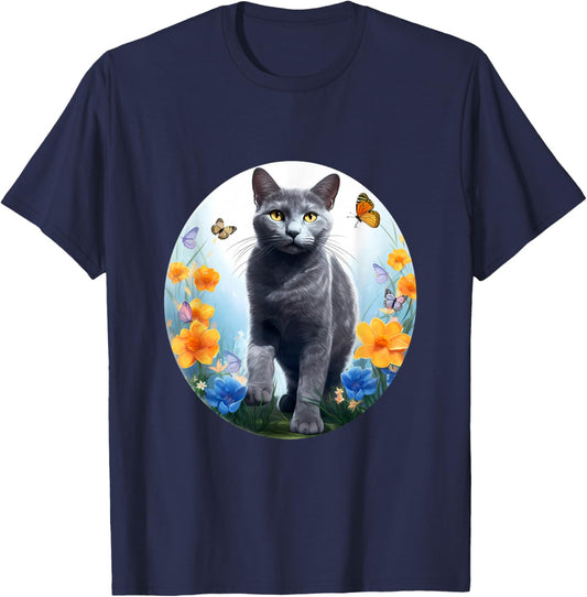 Russian Blue Cat Cat Flower T-Shirt - T-Shirt | Navy