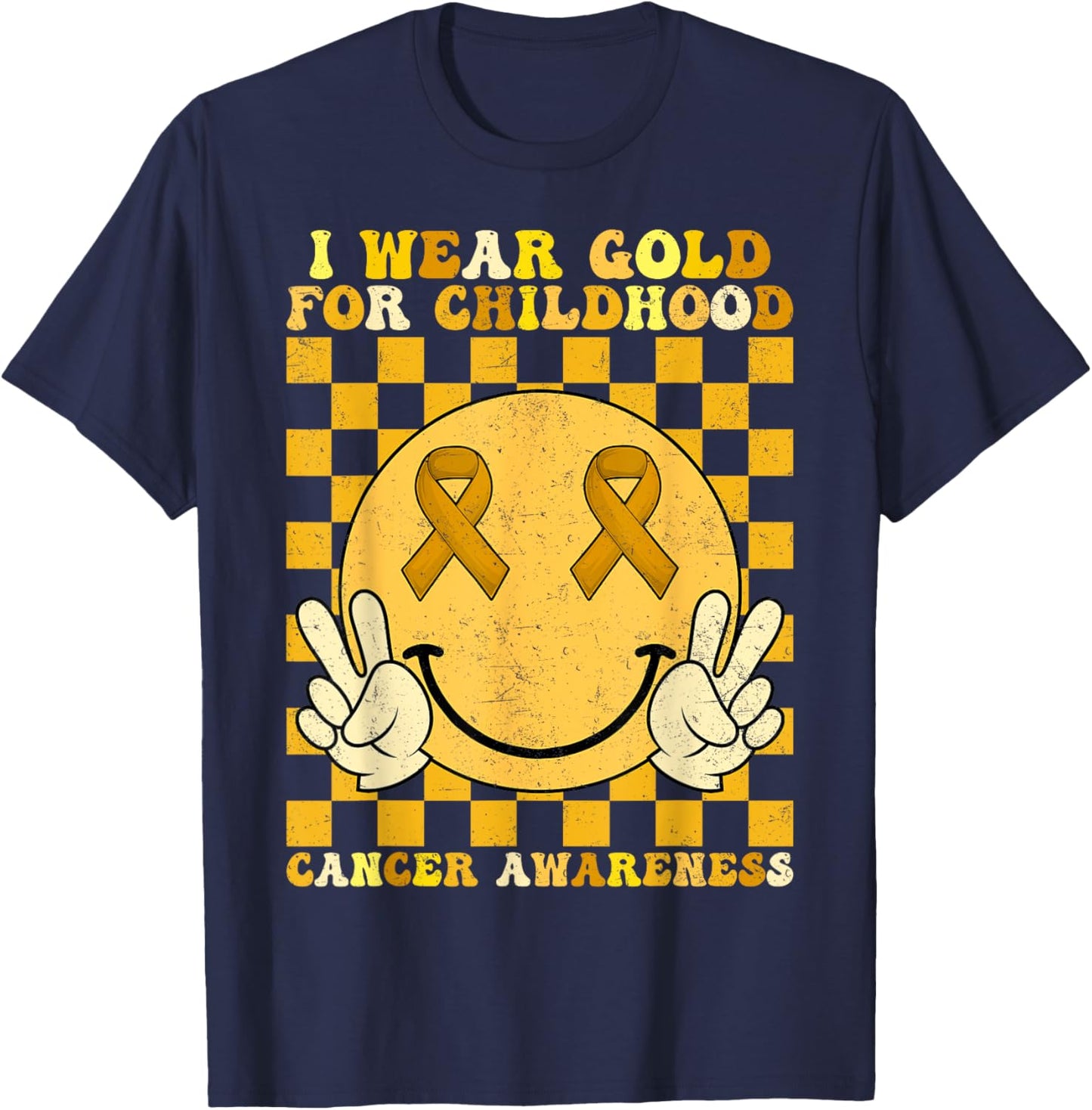 Groovy I Wear Gold For Childhood Cancer Awareness Smile Face T-Shirt - T-Shirt | Navy