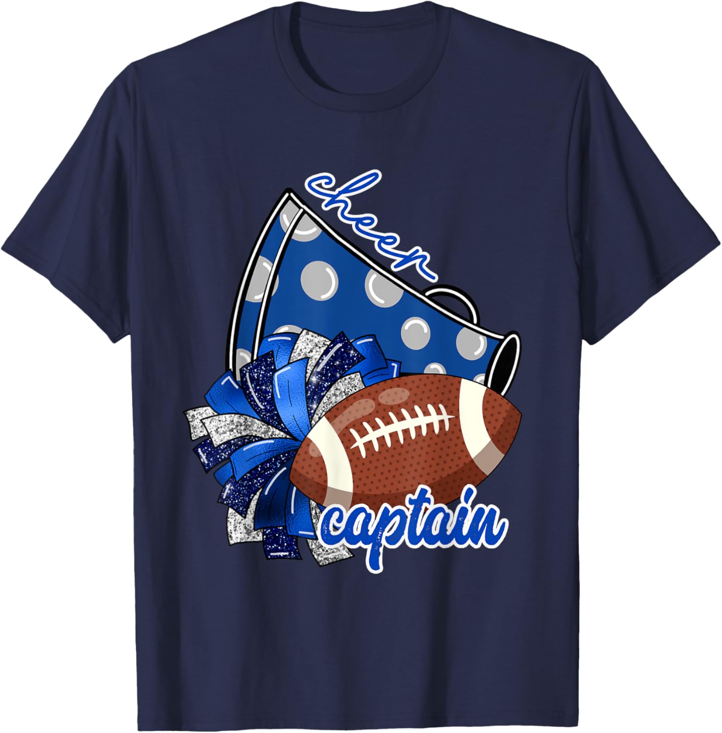 Cheer Captain Shirt, Megaphone Pom Pom Football Blue T-Shirt - T-Shirt | Navy