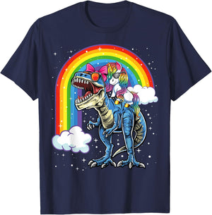 Unicorn Riding T Rex Dinosaur Boys Girls Kids Gift Men T-Shirt - T-Shirt | Navy