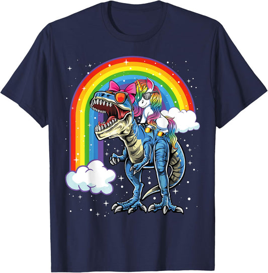 Unicorn Riding T Rex Dinosaur Boys Girls Kids Gift Men T-Shirt - T-Shirt | Navy