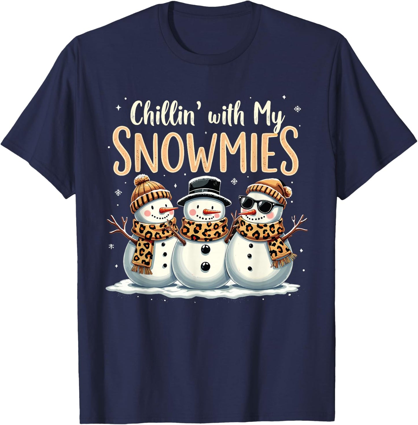 Frosty Fun Holiday Vibes Leopard Chillin With My Snowmies Snowman Festive Leopard T-Shirt - T-Shirt | Navy