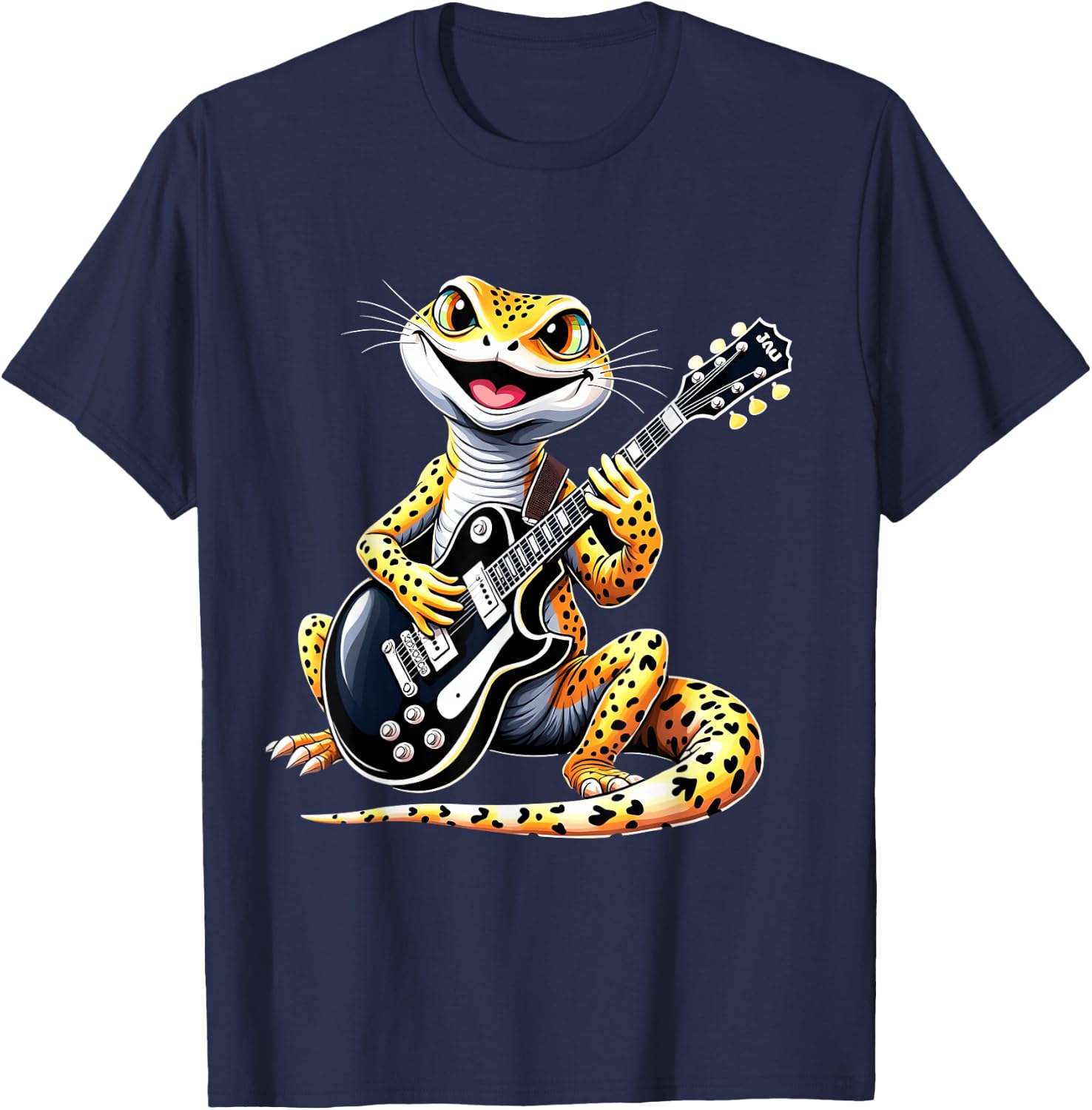 Funny Leopard Gecko Playing Electric Guitar Music Lovers T-Shirt - T-Shirt | Navy