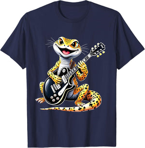 Funny Leopard Gecko Playing Electric Guitar Music Lovers T-Shirt - T-Shirt | Navy