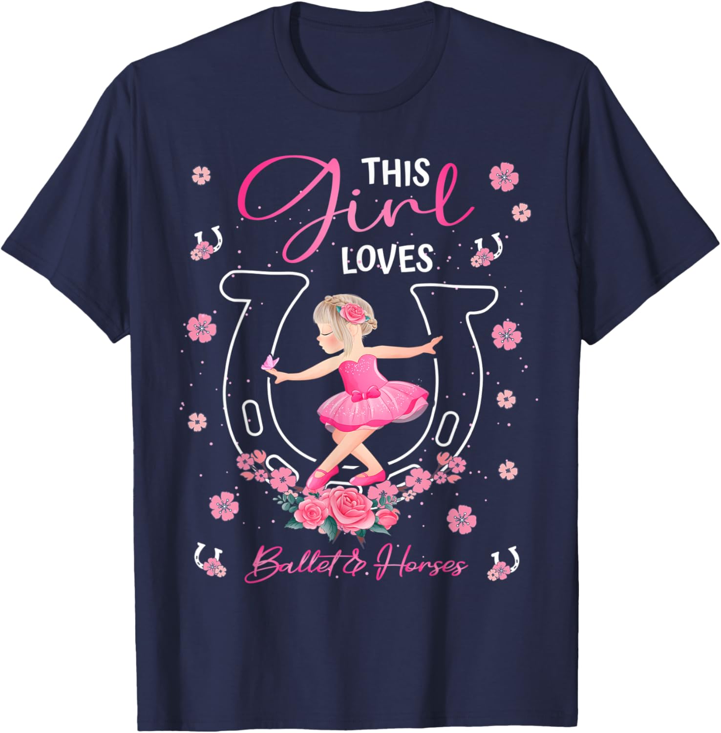This Girl Loves Ballet And Horses Ballerina Horseshoe T-Shirt - T-Shirt | Navy
