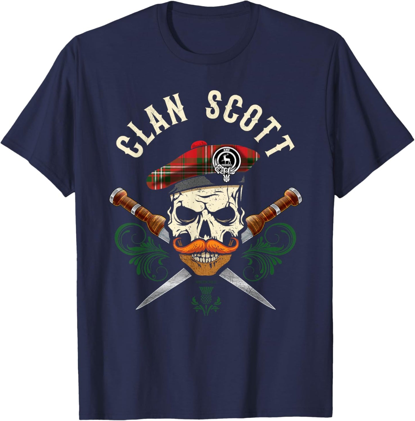 Scottish Clan Scott Surname Skull Dirks Tartan Badge T-Shirt - T-Shirt | Navy