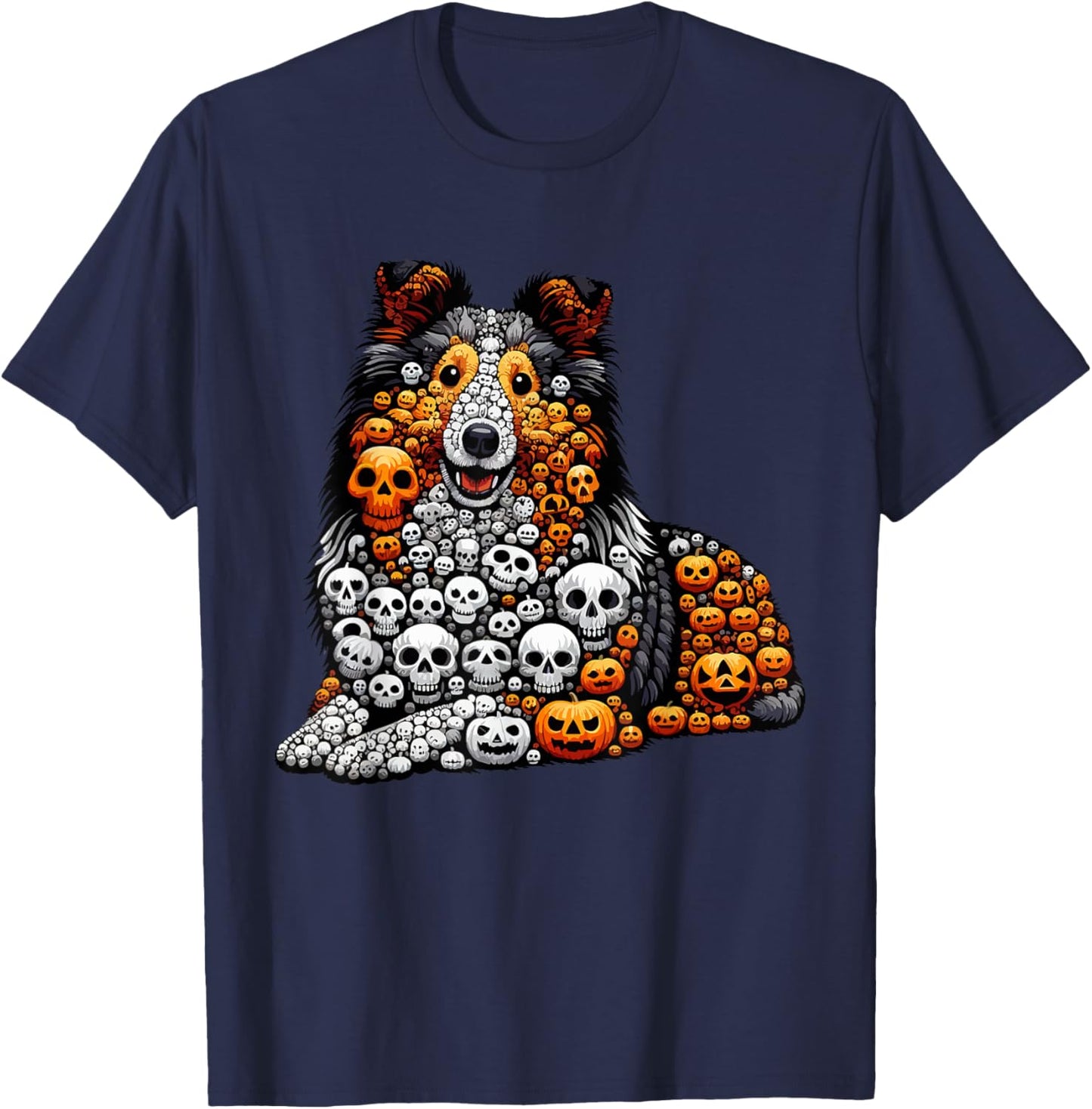Skulls Carved Pumpkins Halloween Sheltie Cute Shape T-Shirt - T-Shirt | Navy