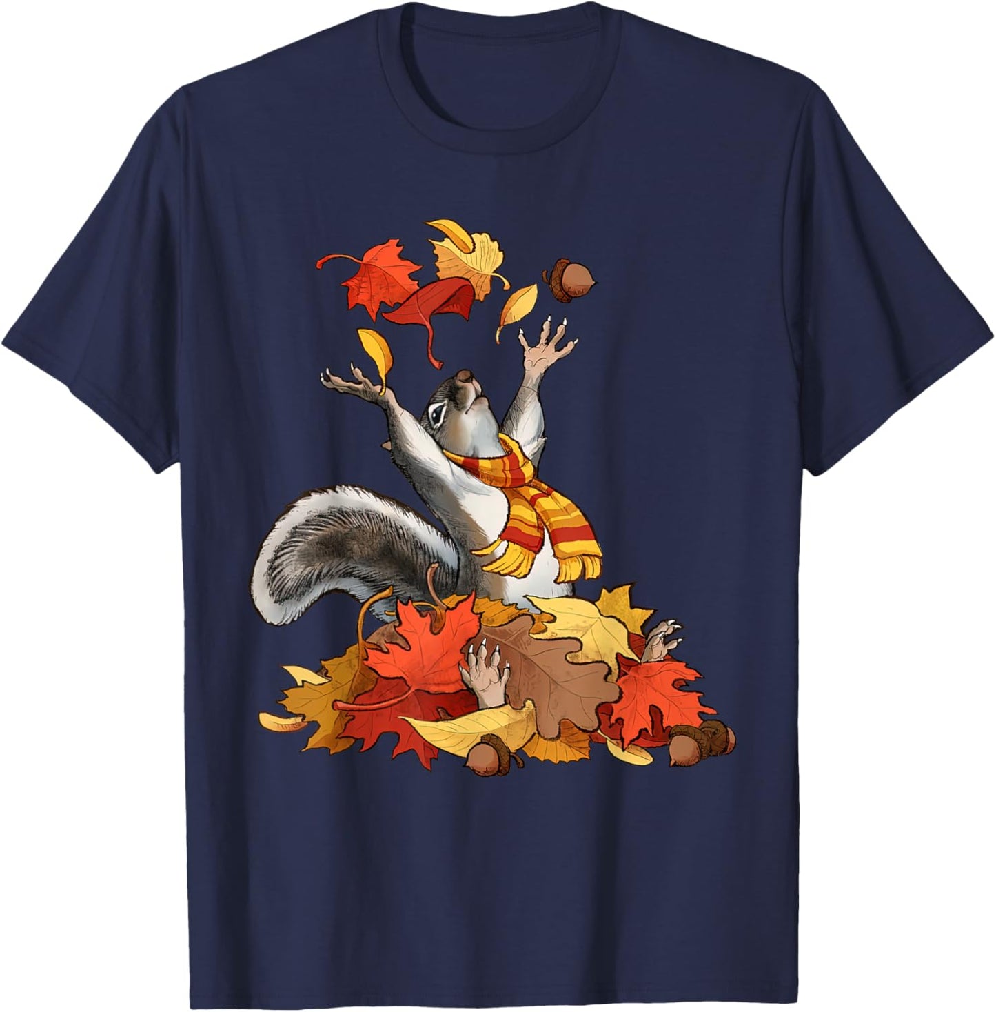 Cute Squirrel With Fall Leaves Autumn Animal Thanksgiving T-Shirt - T-Shirt | Navy