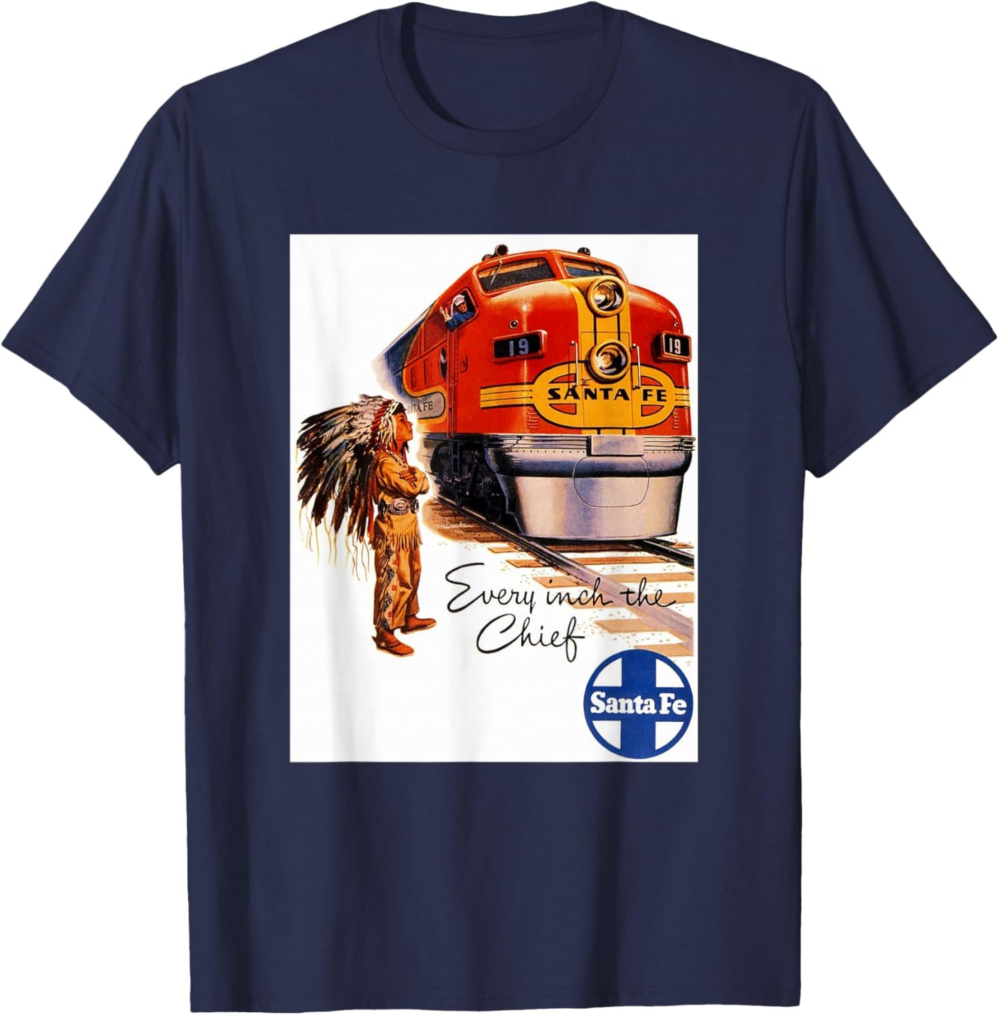 Retro Vintage Movie Posters Prints Ads Santa Fe Railway Native American Train Rails Travel - Men's X-Small Black Short Sleeve Classic Fit Pull On T-Shirt - T-Shirt | Navy