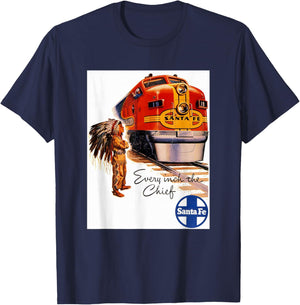 Retro Vintage Movie Posters Prints Ads Santa Fe Railway Native American Train Rails Travel - Men's X-Small Black Short Sleeve Classic Fit Pull On T-Shirt - T-Shirt | Navy