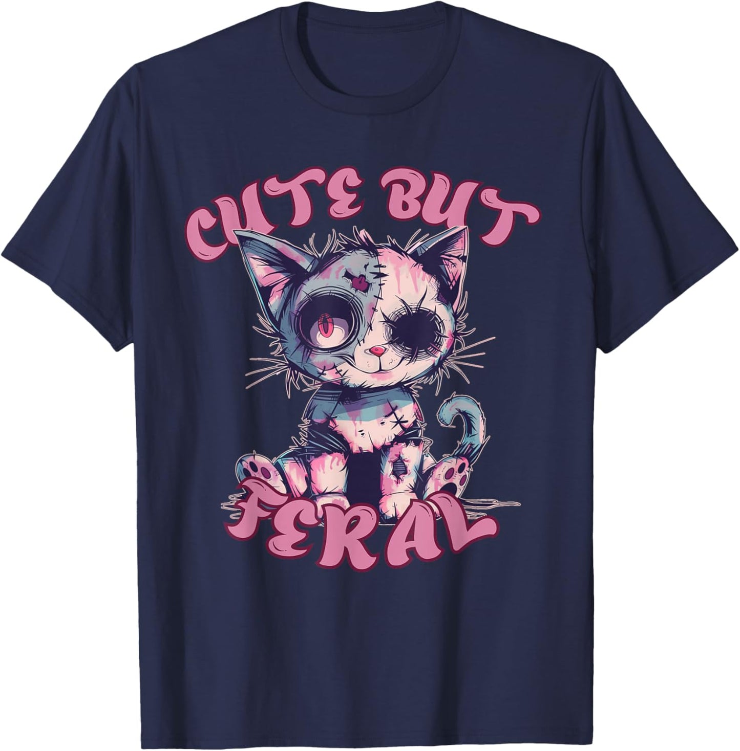 Cute But Feral Zombie Voodoo Cat Halloween Spooky Women Kids T-Shirt - T-Shirt | Navy