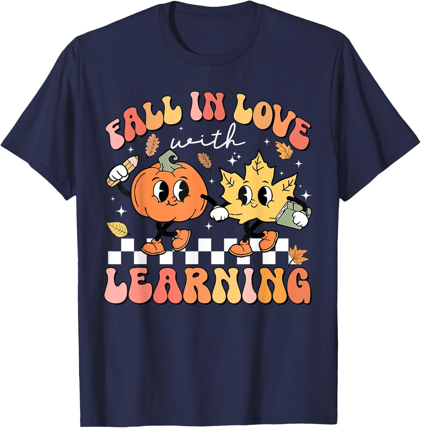Retro Fall In Love With Learning Autumn Pumpkin Teacher T-Shirt - T-Shirt | Navy