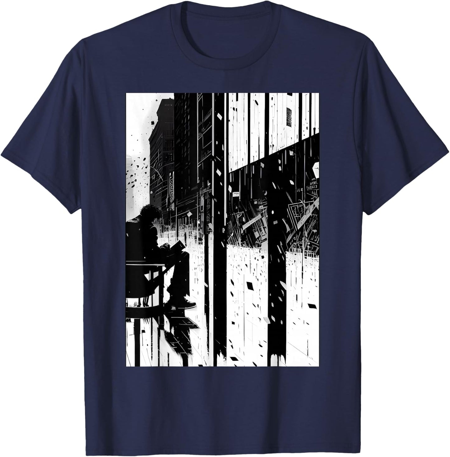 Black and White Abstract Art of Man on a bench in the City. T-Shirt - T-Shirt | Navy