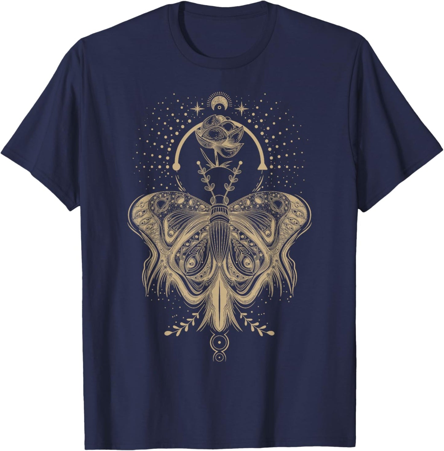 Floral Moth Butterfly Flower Celestial Geometry T-Shirt - T-Shirt | Navy