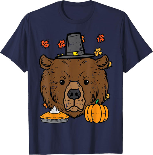 Thanksgiving Pilgrim Bear Cute Fall Autumn Men Women T-Shirt - T-Shirt | Navy