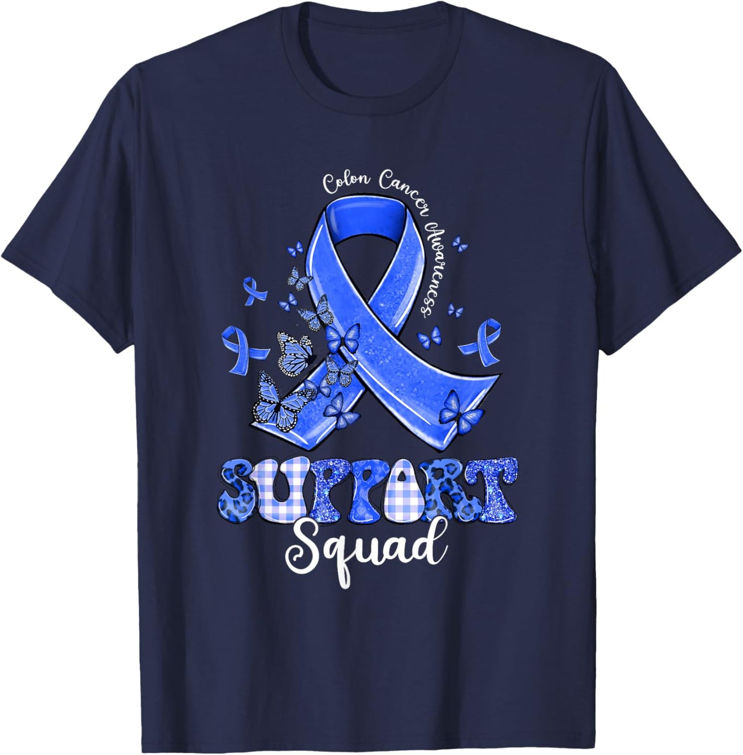 Support Squad Dark Blue Ribbon Butterfly Colon Cancer T-Shirt - T-Shirt | Navy