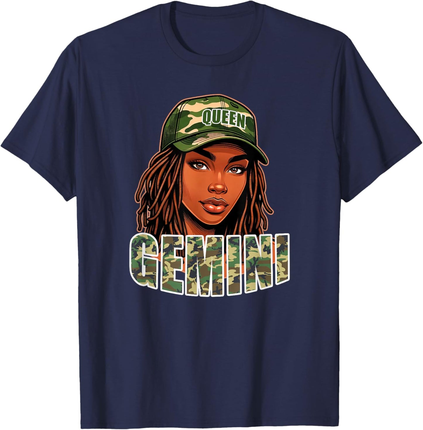 Gemini Queen Camo Hat Locs Birthday Black Woman T-Shirt - T-Shirt | Navy