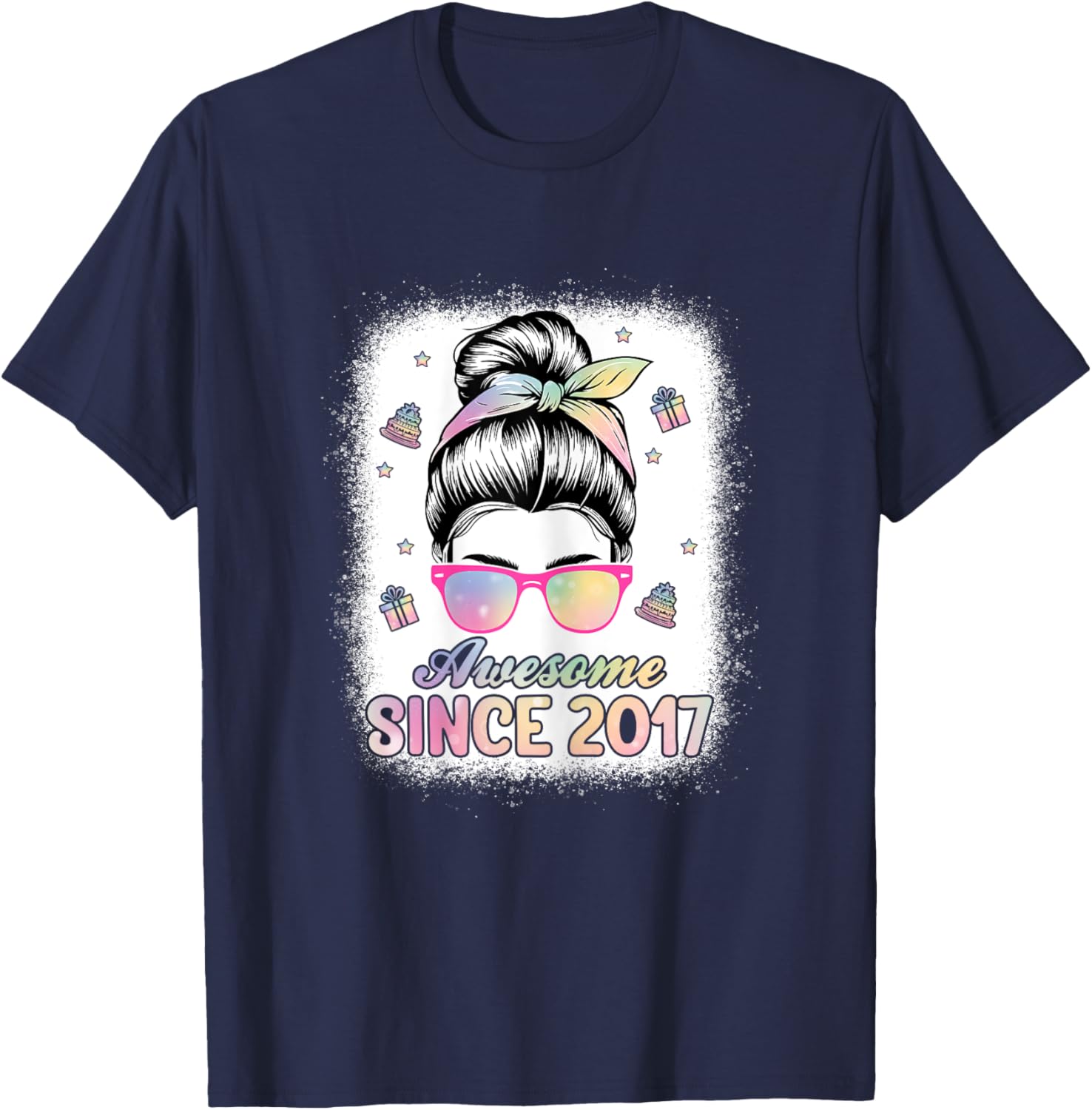 Awesome Since 2017 Messy Bun Hair 8th Birthday Party Girls T-Shirt - T-Shirt | Navy