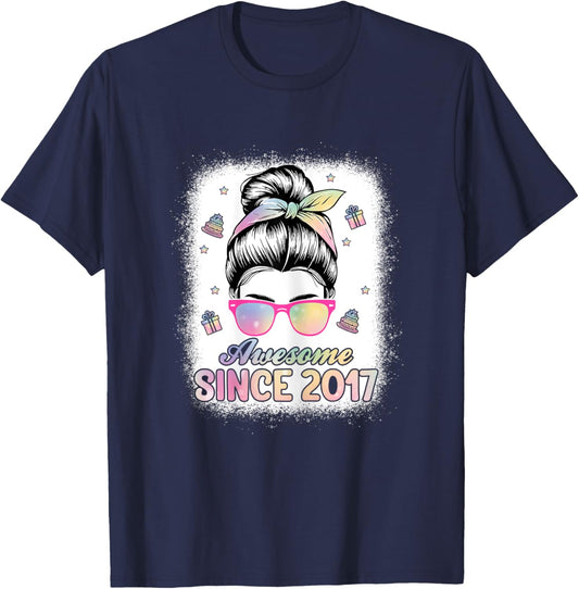 Awesome Since 2017 Messy Bun Hair 8th Birthday Party Girls T-Shirt - T-Shirt | Navy