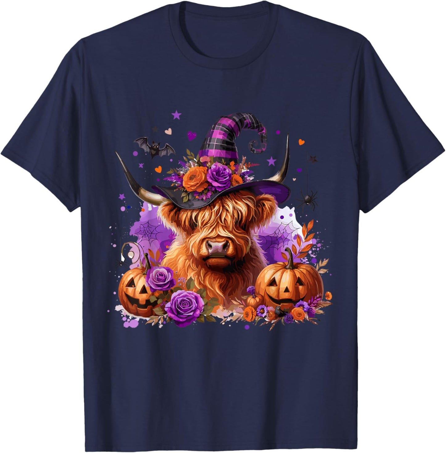 Halloween Highland Cow Pumpkin Witchy Bat T-Shirt - T-Shirt | Navy