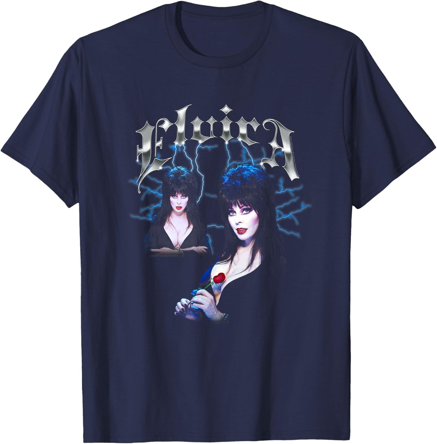 Elvira, Mistress of The Dark Chrome Name and Poses Pin-Up T-Shirt - T-Shirt | Navy
