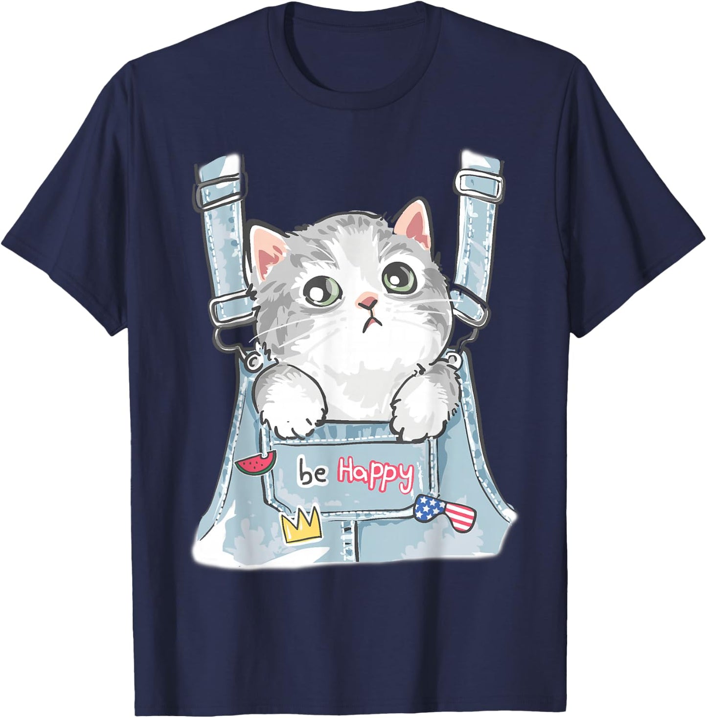 Cute Cat Fake Overalls Cat Lovers Kids Toddler Girl Teen T-Shirt - T-Shirt | Navy