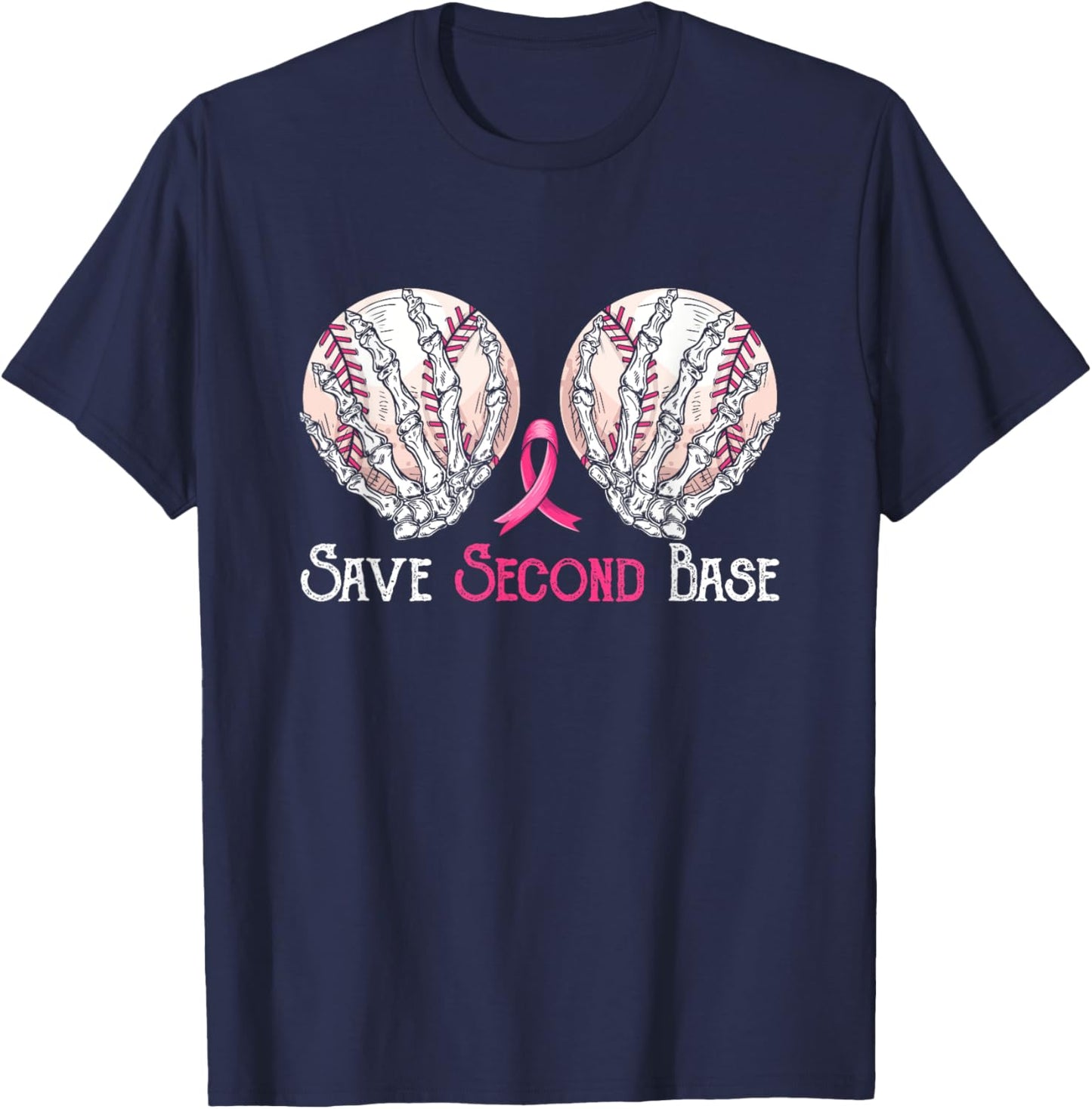 Save 2nd Second-Base Baseball Player Breast Cancer Awareness T-Shirt - T-Shirt | Navy