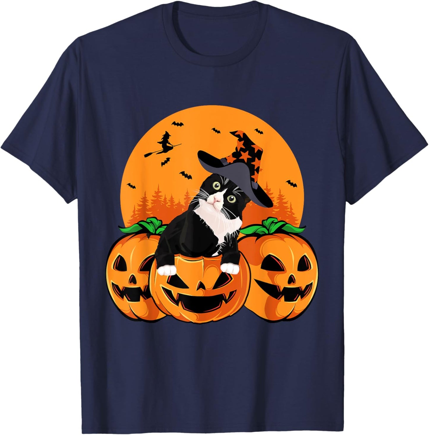Tuxedo Cat Witch Hat Halloween Scary Jack O Lantern Pumpkins T-Shirt - T-Shirt | Navy