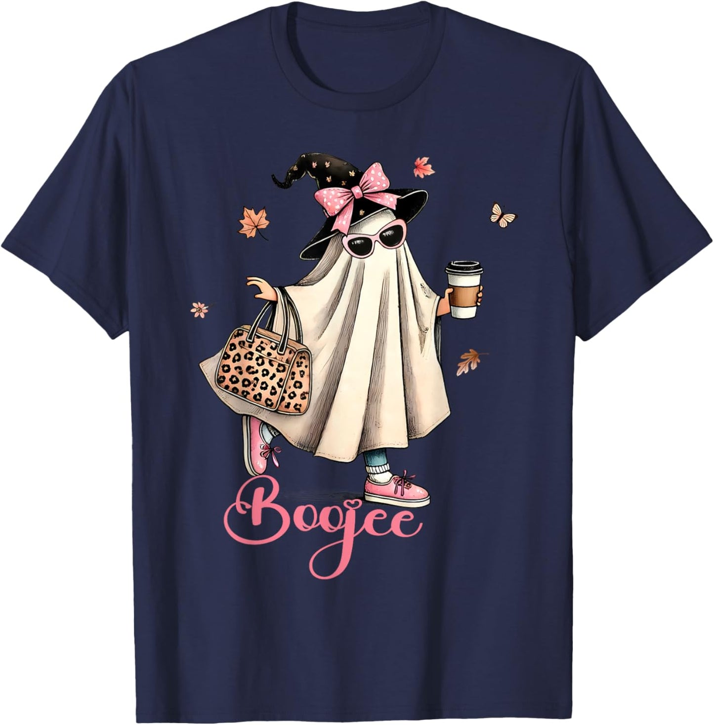 Boo Jee Ghost Drinking Coffee Coquette Bow Halloween Women T-Shirt - T-Shirt | Navy