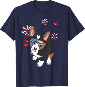 Patriotic Tricolor Corgi USA Flag 4th of July Dog Lover T-Shirt - T-Shirt | Navy