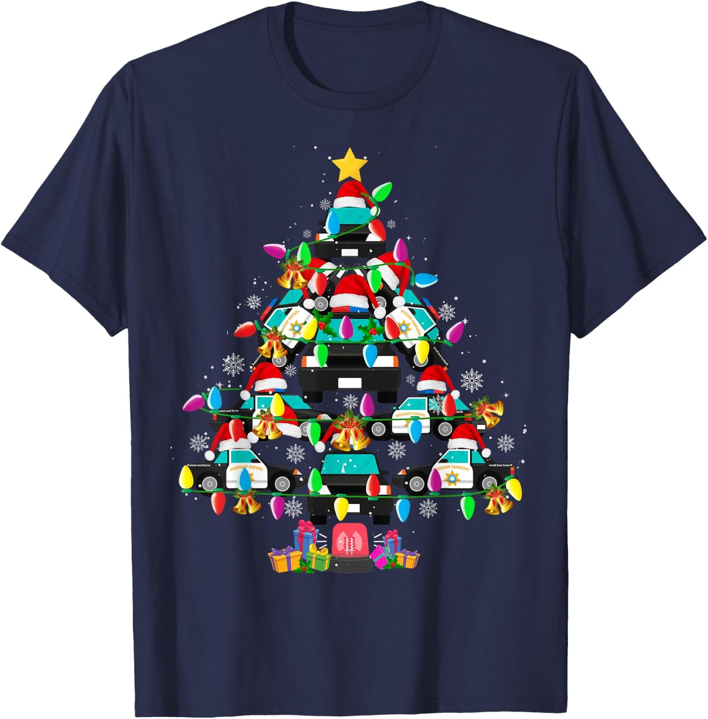 Police Car Christmas Tree Funny Santa Policeman Gifts T-Shirt - T-Shirt | Navy