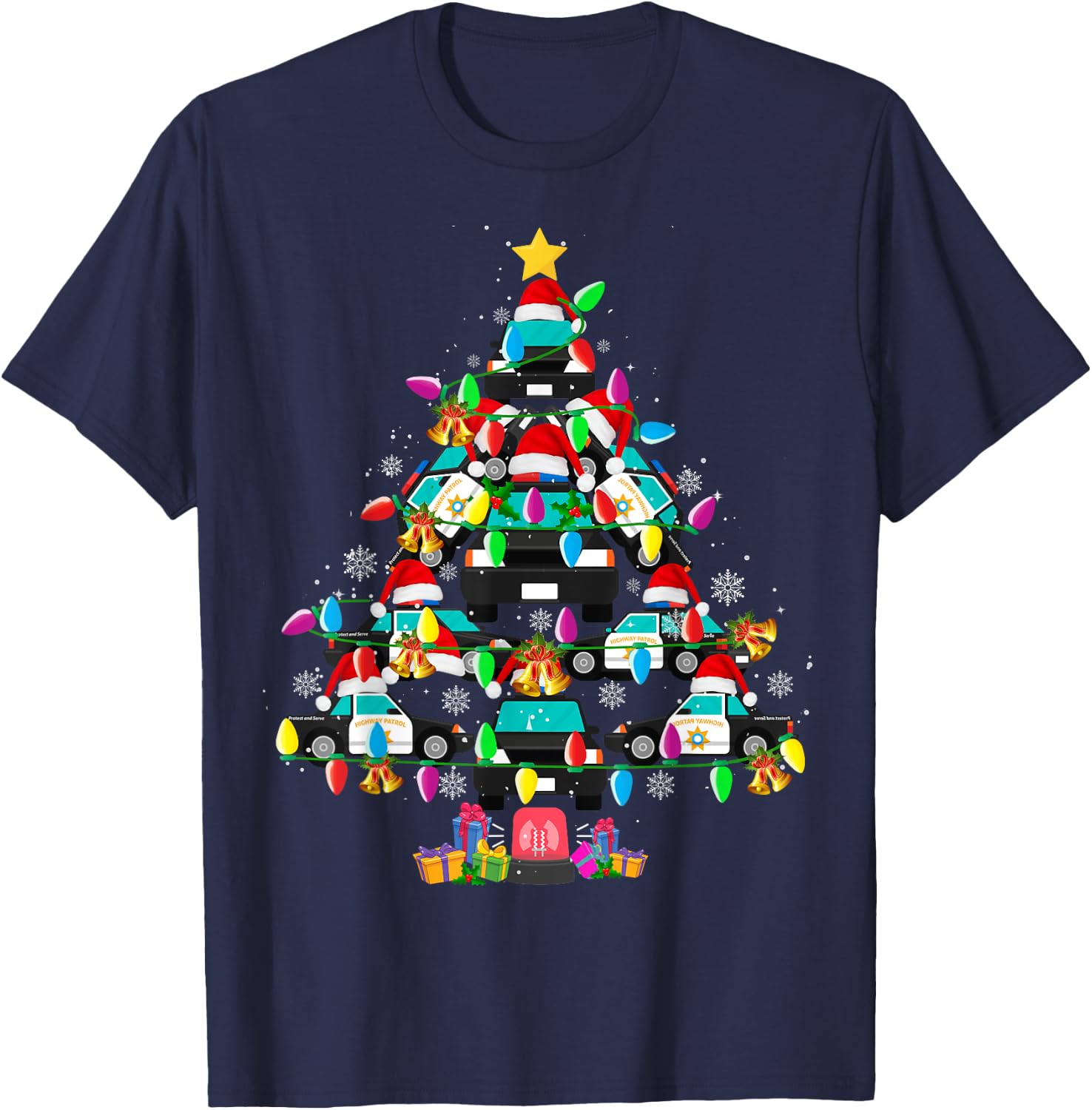 Police Car Christmas Tree Funny Santa Policeman Gifts T-Shirt - T-Shirt | Navy