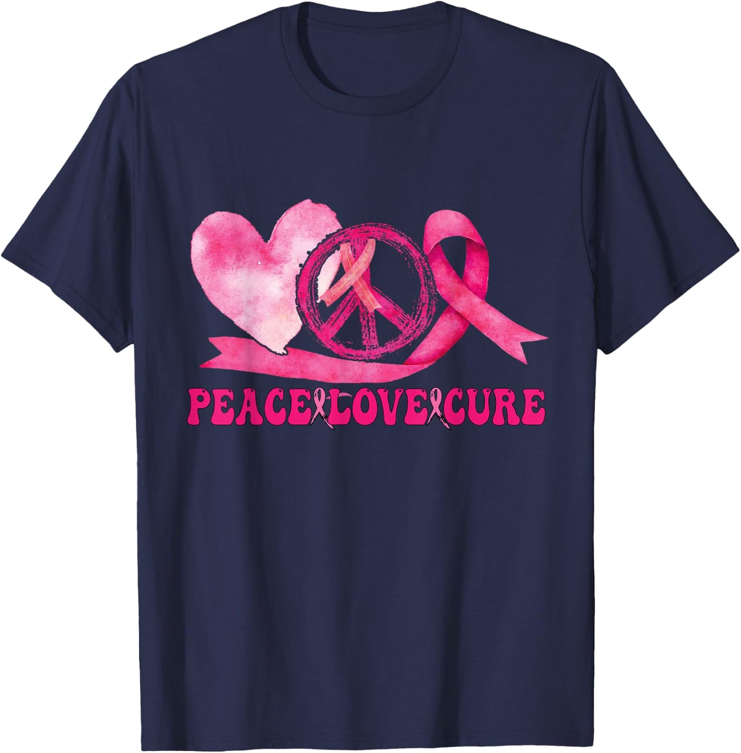 Peace Love Cure Pink Ribbon Cancer Breast Awareness T-Shirt - T-Shirt | Navy