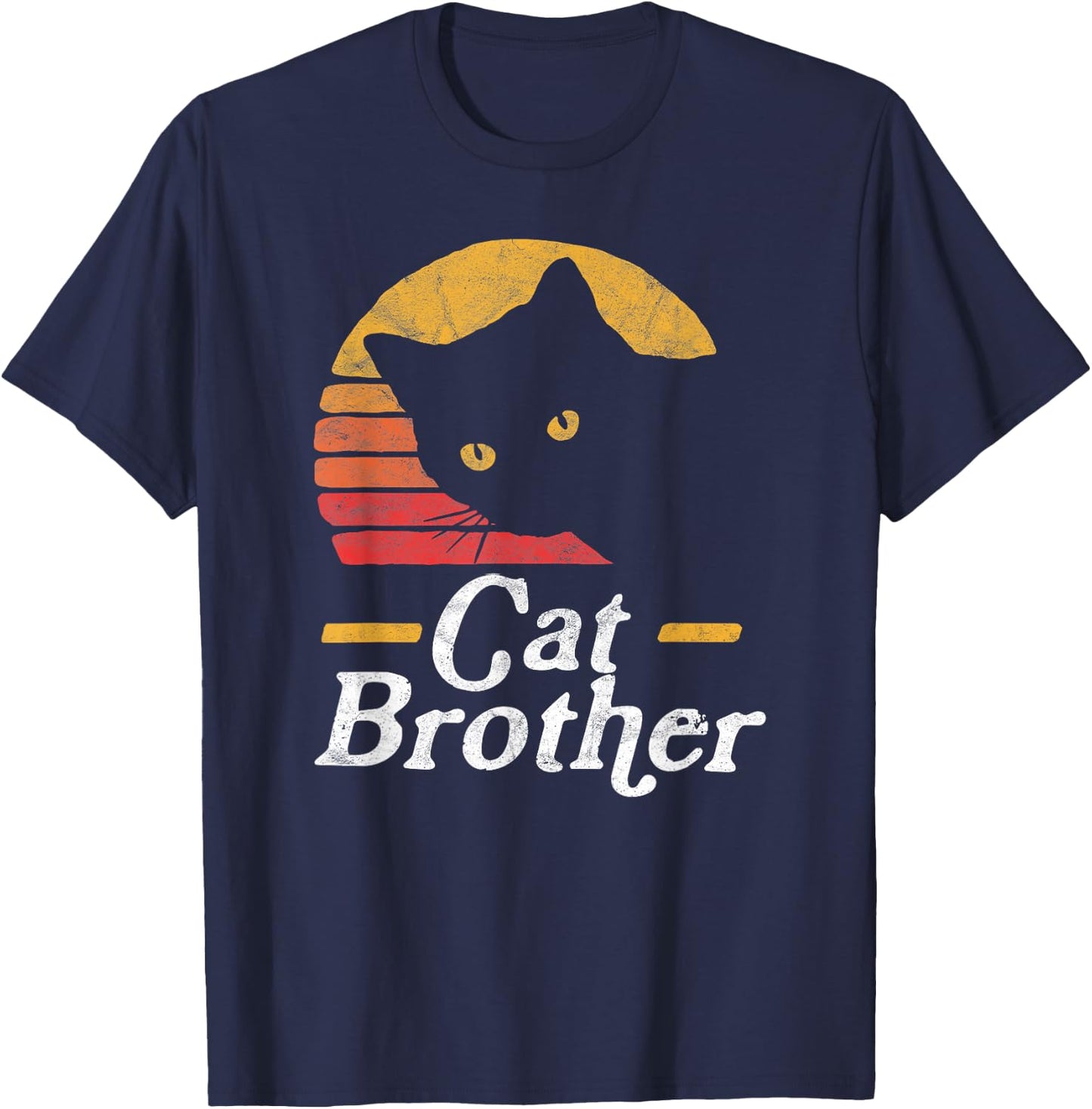 Cat Brother Vintage Eighties Style Sun Cat Retro Distressed T-Shirt - T-Shirt | Navy