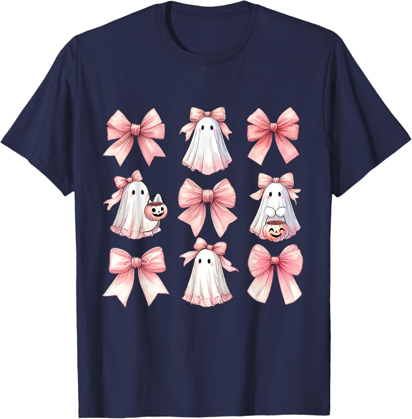 Cute Ghost Florals Pink Coquette Bows Pumpkins Halloween T-Shirt - T-Shirt | Navy
