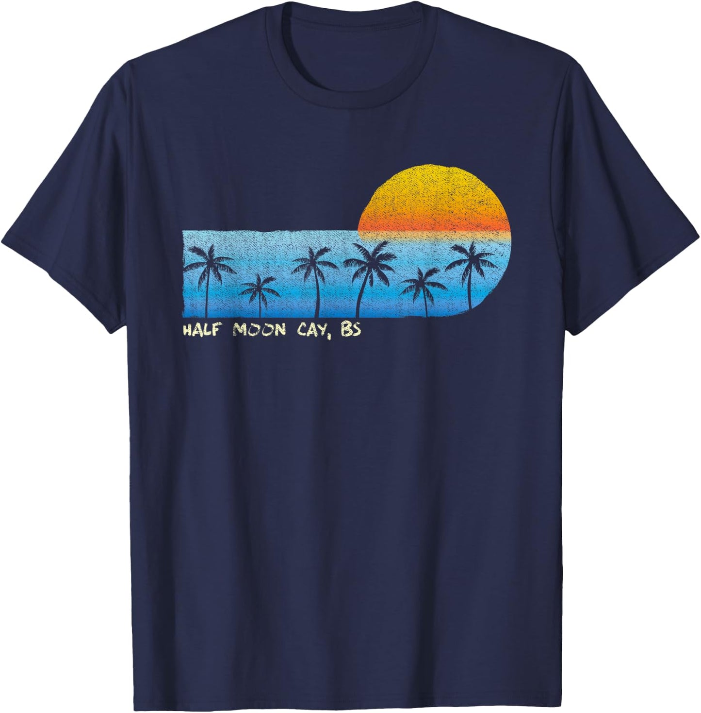 Vintage Half Moon Cay, BS Palm Trees & Sunset Beach T-Shirt - T-Shirt | Navy