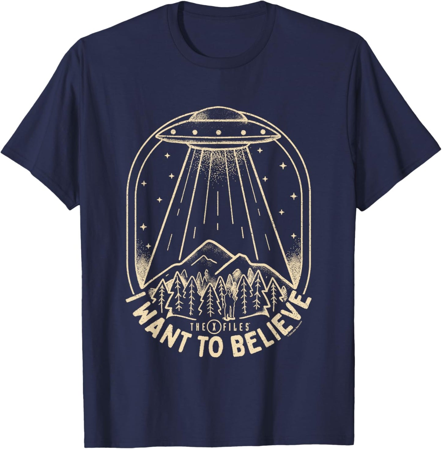 X-Files Iconic UFO I Want To Believe Distressed Silhouette T-Shirt - T-Shirt | Navy