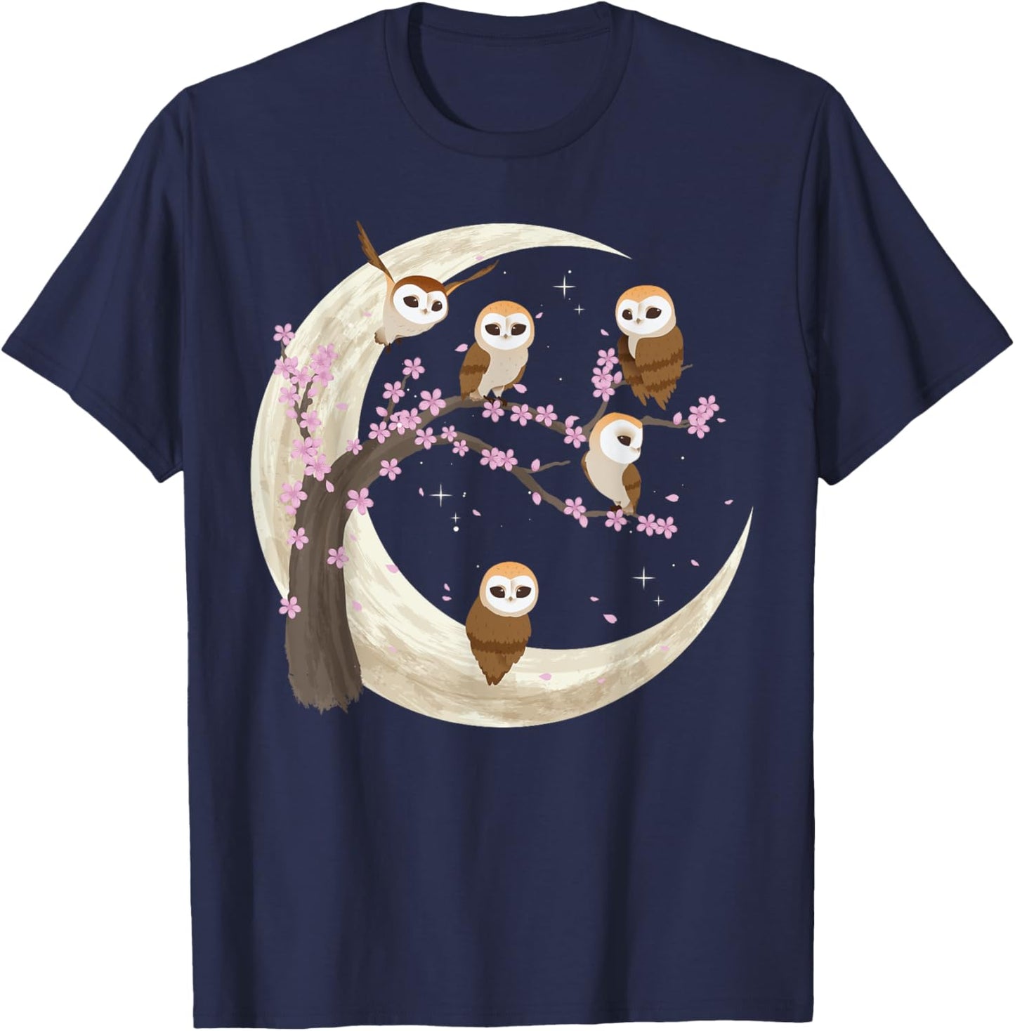 Owls Moon Shirt Japanese Sakura Cherry Blossom Owls Night T-Shirt - T-Shirt | Navy