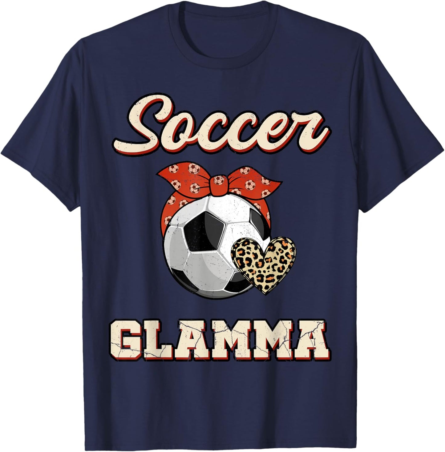 Soccer Glamma Bandana Leopard Heart Fans Mother's Day T-Shirt - T-Shirt | Navy