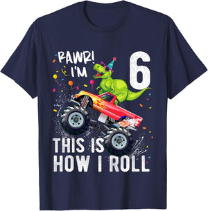 Kids T Rex Dinosaur Monster Truck 6th Birthday Boys and Girls T-Shirt - T-Shirt | Navy