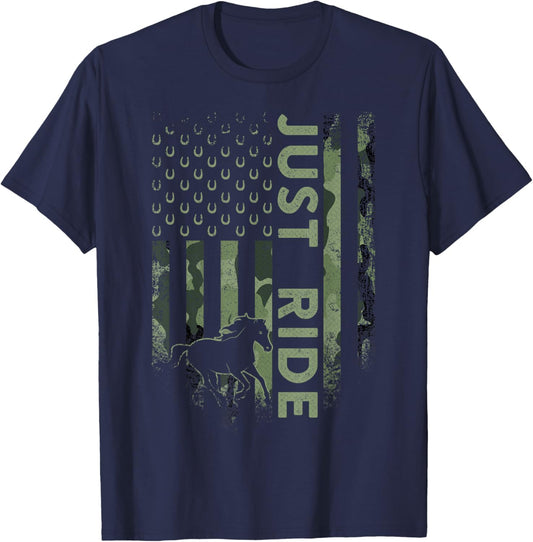 Vintage USA Camouflage Just Ride Horse, Horseback Riding T-Shirt - T-Shirt | Navy