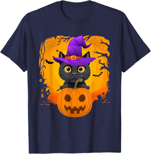 Cute Black Cat Halloween Pumpkin Costume witch Hat Kids T-Shirt - T-Shirt | Navy